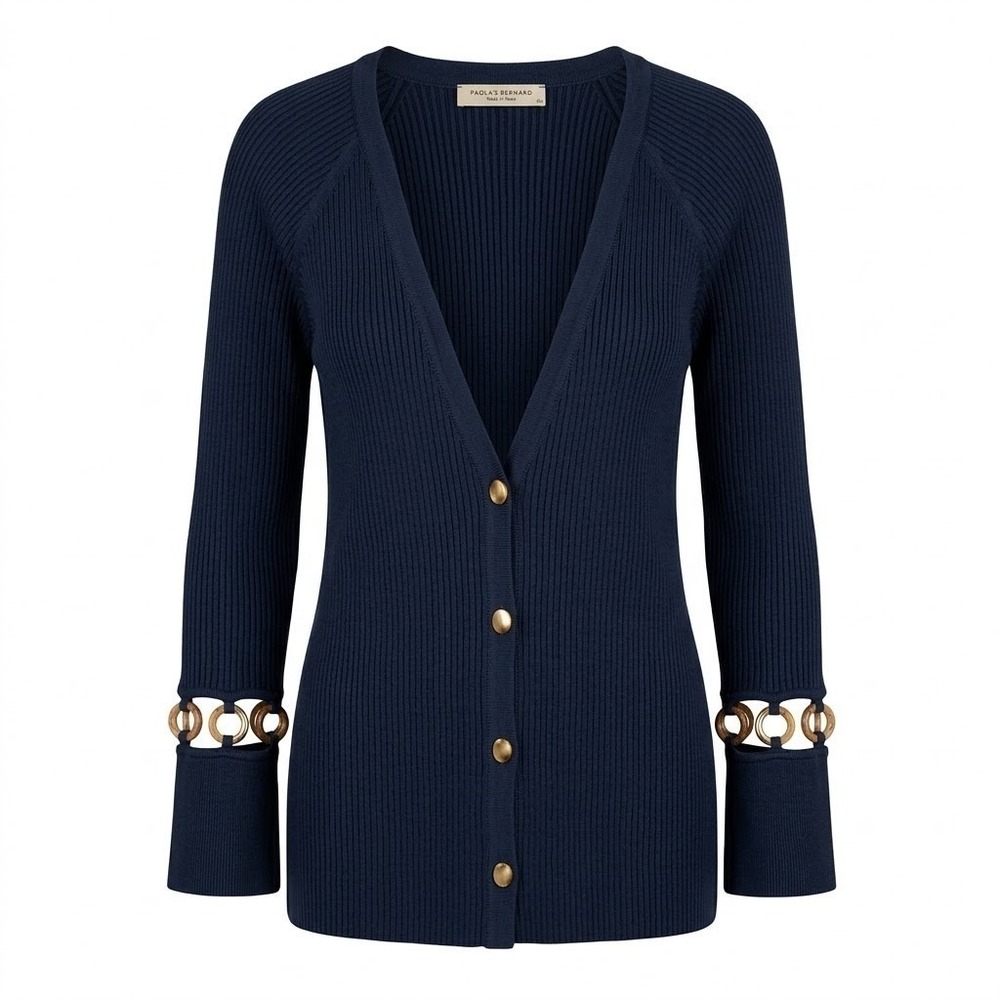 Paola Bernardi MEDIUM Navy Blue Ribbed V-Neck‎ Cardigan Ring Cutout Sleeve